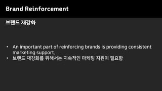 Brand Reinforcement
• An important part of reinforcing brands is providing consistent
marketing support.
• 브랜드 재강화를 위해서는 지속적인 마케팅 지원이 필요함
브랜드 재강화
 
