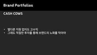 Brand Portfolios
• 별다른 지원 없이도 고수익
• 그래도 적절한 투자를 통해 브랜드의 노화를 막아야
CASH COWS
 