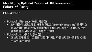 POD와 POP
Identifying Optimal Points-of-Difference and
Points-of-Parity
• Point of difference(POD; 차별점)
• 소비자들이 브랜드와 강하게 연관짓고(strongly associate) 긍정적으
로 평가하며(positively evaluate) 경쟁브랜드에서는 그 정도 수준만
큼 찾아볼 수 없다고 믿는 속성 또는 혜택
• Point of parity(POP; 유사점)
• 그 브랜드에 반드시 고유한 것은 아니지만 다른 브랜드와 공유될 수 있
는 속성 또는 혜택
 