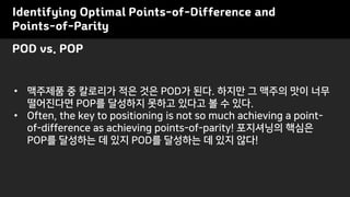 POD vs. POP
Identifying Optimal Points-of-Difference and
Points-of-Parity
• 맥주제품 중 칼로리가 적은 것은 POD가 된다. 하지만 그 맥주의 맛이 너무
떨어진다면 POP를 달성하지 못하고 있다고 볼 수 있다.
• Often, the key to positioning is not so much achieving a point-
of-difference as achieving points-of-parity! 포지셔닝의 핵심은
POP를 달성하는 데 있지 POD를 달성하는 데 있지 않다!
 