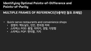 MULTIPLE FRAMES OF REFERENCE(다중적인 참조 프레임)
Identifying Optimal Points-of-Difference and
Points-of-Parity
• Quick-serve restaurants and convenience shops
• 경쟁자: 맥도날드, 던킨, 편의점 커피
• 스타벅스 POD: 품질, 이미지, 경험, 다양함
• 스타벅스 POP: 편리함, 가치
 