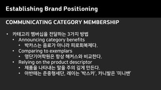 COMMUNICATING CATEGORY MEMBERSHIP
Establishing Brand Positioning
• 카테고리 멤버십을 전달하는 3가지 방법
• Announcing category benefits
• 박카스는 음료가 아니라 피로회복제다.
• Comparing to exemplars
• 영단기어학원은 항상 해커스와 비교한다.
• Relying on the product descriptor
• 제품을 나타내는 말을 주의 깊게 만든다.
• 아반떼는 준중형세단, 레이는 ‘박스카’, 카니발은 ‘미니밴’
 