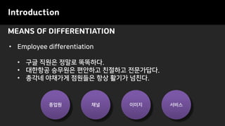 MEANS OF DIFFERENTIATION
Introduction
• Employee differentiation
• 구글 직원은 정말로 똑똑하다.
• 대한항공 승무원은 편안하고 친절하고 전문가답다.
• 총각네 야채가게 점원들은 항상 활기가 넘친다.
종업원 채널 이미지 서비스
 