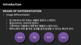 MEANS OF DIFFERENTIATION
Introduction
• Image differentiation
• 빙그레 바나나맛 우유는 세월의 권위가 느껴진다.
• 칠성사이다는 사이다의 원조다.
• 그랜저라는 이름에서 대중적인 명품의 느낌이 난다.
• 해커스에서 하면 뭘 하든 성과를 쉽게 달성할 수 있다는 확신이 든다.
종업원 채널 이미지 서비스
 