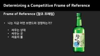 Frame of Reference (참조 프레임)
Determining a Competitive Frame of Reference
• 나는 지금 어떤 브랜드와 경쟁하는가?
• 싸우는 상대
• 싸우는 곳
• 싸움의 룰
 