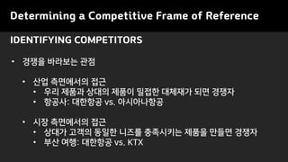 IDENTIFYING COMPETITORS
Determining a Competitive Frame of Reference
• 경쟁을 바라보는 관점
• 산업 측면에서의 접근
• 우리 제품과 상대의 제품이 밀접한 대체재가 되면 경쟁자
• 항공사: 대한항공 vs. 아시아나항공
• 시장 측면에서의 접근
• 상대가 고객의 동일한 니즈를 충족시키는 제품을 만들면 경쟁자
• 부산 여행: 대한항공 vs. KTX
 