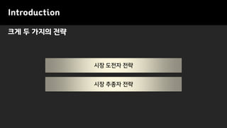 크게 두 가지의 전략
Introduction
시장 추종자 전략
시장 도전자 전략
 