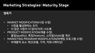 • MARKET MODIFICATION(시장 수정)
• 시장을 활성화하는 조치
• 더 많은 사람이 더 많이(자주) 사도록
• PRODUCT MODIFICATION(제품 수정)
• 품질(quality), 특징(feature), 스타일(style)을 개선
• MARKETING PROGRAM MODIFICATION(마케팅 프로그램 수정)
• 비제품적 요소 개선(유통, 가격, 커뮤니케이션)
성숙기
Marketing Strategies: Maturity Stage
 