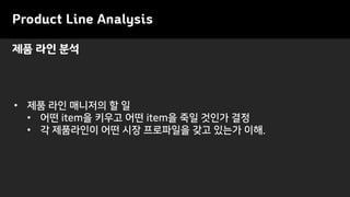Product Line Analysis
• 제품 라인 매니저의 할 일
• 어떤 item을 키우고 어떤 item을 죽일 것인가 결정
• 각 제품라인이 어떤 시장 프로파일을 갖고 있는가 이해.
제품 라인 분석
 