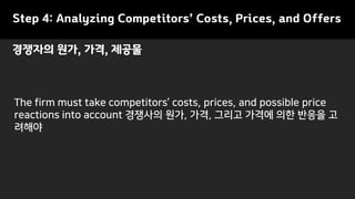 The firm must take competitors’ costs, prices, and possible price
reactions into account 경쟁사의 원가, 가격, 그리고 가격에 의한 반응을 고
려해야
경쟁자의 원가, 가격, 제공물
Step 4: Analyzing Competitors’ Costs, Prices, and Offers
 