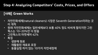 • 자연친화세제(natural cleaners) 시장은 Seventh Generation이라는 곳
이 개척
• 원래 자연친화세제는 일반세제보다 보통 40% 정도 비싸게 팔리지만 그린
웍스는 10~20%만 더 받음
• 그린웍스의 마켓셰어 42%
• 특징
• 생분해 원료
• 재활용된 재료로 포장
• 동물실험 하지 않는 10가지 자연세정제
[사례] Green Works
Step 4: Analyzing Competitors’ Costs, Prices, and Offers
 