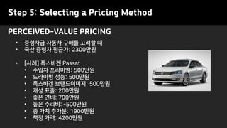 Step 5: Selecting a Pricing Method
PERCEIVED-VALUE PRICING
• 중형차급 자동차 구매를 고려할 때
• 국산 중형차 평균가: 2300만원
• [사례] 폭스바겐 Passat
• 수입차 프리미엄: 500만원
• 드라이빙 성능: 500만원
• 폭스바겐 브랜드이미지: 500만원
• 개성 표출: 200만원
• 좋은 연비: 700만원
• 높은 수리비: -500만원
• 총 가치 추가분: 1900만원
• 책정 가격: 4200만원
 