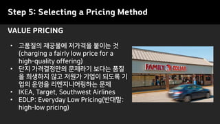Step 5: Selecting a Pricing Method
VALUE PRICING
• 고품질의 제공물에 저가격을 붙이는 것
(charging a fairly low price for a
high-quality offering)
• 단지 가격결정만의 문제라기 보다는 품질
을 희생하지 않고 저원가 기업이 되도록 기
업의 운영을 리엔지니어링하는 문제
• IKEA, Target, Southwest Airlines
• EDLP: Everyday Low Pricing(반대말:
high-low pricing)
 