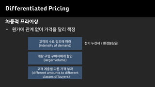 Differentiated Pricing
• 원가에 관계 없이 가격을 달리 책정
차등적 프라이싱
고객 계층별 다른 가격 부과
(different amounts to different
classes of buyers)
고객의 수요 강도에 따라
(intensity of demand)
대량 구입 구매자에게 할인
(larger volume)
전기 누진세 / 환경분담금
 