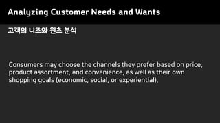 Analyzing Customer Needs and Wants
Consumers may choose the channels they prefer based on price,
product assortment, and convenience, as well as their own
shopping goals (economic, social, or experiential).
고객의 니즈와 원츠 분석
 
