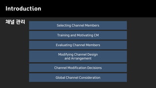 채널 관리
Introduction
Evaluating Channel Members
Modifying Channel Design
and Arrangement
Channel Modification Decisions
Selecting Channel Members
Training and Motivating CM
Global Channel Consideration
 