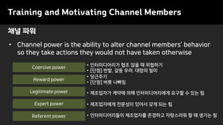 Training and Motivating Channel Members
• Channel power is the ability to alter channel members’ behavior
so they take actions they would not have taken otherwise
채널 파워
Referent power
Legitimate power
Reward power
Coercive power
• 당근주기
• [단점] 버릇 나빠짐
• 제조업자가 계약에 의해 인터미디어리에게 요구할 수 있는 힘
• 인터미디어리들이 제조업자를 존경하고 자랑스러워 할 때 생기는 힘
• 인터미디어리가 협조 않을 때 위협하기
• [단점] 반발, 갈등 우려. 대항의 빌미
Expert power • 제조업자에게 전문성이 있어서 갖게 되는 힘
 