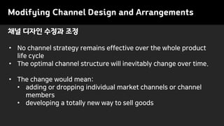 Modifying Channel Design and Arrangements
• No channel strategy remains effective over the whole product
life cycle
• The optimal channel structure will inevitably change over time.
• The change would mean:
• adding or dropping individual market channels or channel
members
• developing a totally new way to sell goods
채널 디자인 수정과 조정
 