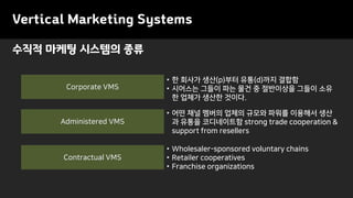 Vertical Marketing Systems
수직적 마케팅 시스템의 종류
Contractual VMS
Administered VMS
Corporate VMS
• 어떤 채널 멤버의 업체의 규모와 파워를 이용해서 생산
과 유통을 코디네이트함 strong trade cooperation &
support from resellers
• Wholesaler-sponsored voluntary chains
• Retailer cooperatives
• Franchise organizations
• 한 회사가 생산(p)부터 유통(d)까지 결합함
• 시어스는 그들이 파는 물건 중 절반이상을 그들이 소유
한 업체가 생산한 것이다.
 
