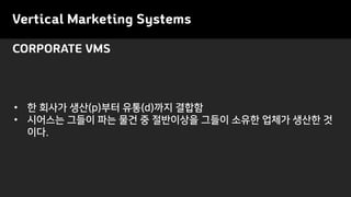 Vertical Marketing Systems
CORPORATE VMS
• 한 회사가 생산(p)부터 유통(d)까지 결합함
• 시어스는 그들이 파는 물건 중 절반이상을 그들이 소유한 업체가 생산한 것
이다.
 