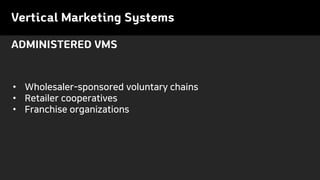 Vertical Marketing Systems
ADMINISTERED VMS
• Wholesaler-sponsored voluntary chains
• Retailer cooperatives
• Franchise organizations
 