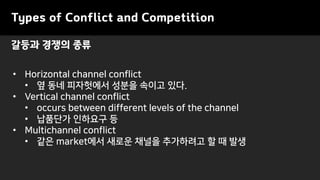 Types of Conflict and Competition
• Horizontal channel conflict
• 옆 동네 피자헛에서 성분을 속이고 있다.
• Vertical channel conflict
• occurs between different levels of the channel
• 납품단가 인하요구 등
• Multichannel conflict
• 같은 market에서 새로운 채널을 추가하려고 할 때 발생
갈등과 경쟁의 종류
 
