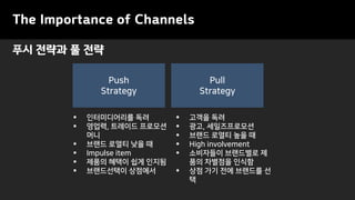 푸시 전략과 풀 전략
The Importance of Channels
Push
Strategy
Pull
Strategy
▪ 고객을 독려
▪ 광고, 세일즈프로모션
▪ 브랜드 로열티 높을 때
▪ High involvement
▪ 소비자들이 브랜드별로 제
품의 차별점을 인식함
▪ 상점 가기 전에 브랜드를 선
택
▪ 인터미디어리를 독려
▪ 영업력, 트레이드 프로모션
머니
▪ 브랜드 로열티 낮을 때
▪ Impulse item
▪ 제품의 혜택이 쉽게 인지됨
▪ 브랜드선택이 상점에서
 