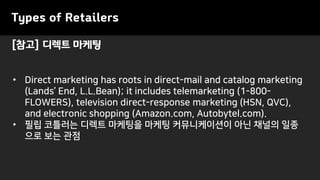 [참고] 디렉트 마케팅
Types of Retailers
• Direct marketing has roots in direct-mail and catalog marketing
(Lands’ End, L.L.Bean); it includes telemarketing (1-800-
FLOWERS), television direct-response marketing (HSN, QVC),
and electronic shopping (Amazon.com, Autobytel.com).
• 필립 코틀러는 디렉트 마케팅을 마케팅 커뮤니케이션이 아닌 채널의 일종
으로 보는 관점
 
