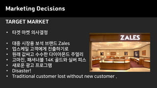TARGET MARKET
Marketing Decisions
• 타겟 마켓 의사결정
• 대중 시장용 보석 브랜드 Zales
• 업스케일 고객에게 진출하기로
• 원래 값싸고 수수한 다이아몬드 주얼리
• 고마진, 패셔너블 14K 골드와 실버 피스
• 새로운 광고 프로그램
• Disaster!
• Traditional customer lost without new customer .
 