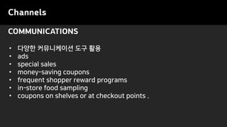 COMMUNICATIONS
Channels
• 다양한 커뮤니케이션 도구 활용
• ads
• special sales
• money-saving coupons
• frequent shopper reward programs
• in-store food sampling
• coupons on shelves or at checkout points .
 