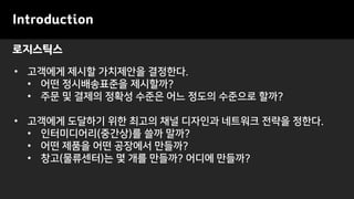 로지스틱스
Introduction
• 고객에게 제시할 가치제안을 결정한다.
• 어떤 정시배송표준을 제시할까?
• 주문 및 결제의 정확성 수준은 어느 정도의 수준으로 할까?
• 고객에게 도달하기 위한 최고의 채널 디자인과 네트워크 전략을 정한다.
• 인터미디어리(중간상)를 쓸까 말까?
• 어떤 제품을 어떤 공장에서 만들까?
• 창고(물류센터)는 몇 개를 만들까? 어디에 만들까?
 