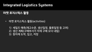 마켓 로지스틱스 활동
• 마켓 로지스틱스 활동(activities)
1) 세일즈 예측(재고수준, 생산일정, 물류일정 등 고려)
2) 생산 계획(구매부서가 자재 구매 오더 내림)
3) 원자재 도착, 입고, 저장
Integrated Logistics Systems
 