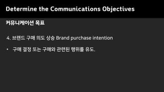 Determine the Communications Objectives
4. ??? ?? ?? ?? Brand purchase intention
? ?? ?? ?? ??? ??? ??? ??.
?????? ??
 