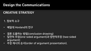 Design the Communications
CREATIVE STRATEGY
1. ??? ??
? ??? Hovland? ??
? ?? ???? ??(conclusion drawing)
? ??? ??(one-sided argument)? ????? (two-sided
argument)
? ?? ??? ??(order of argument presentation).
 