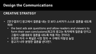 Design the Communications
CREATIVE STRATEGY
? [????1] ???? ??? ?? ? ?? ???? ??? ??? ???
??
? the best ads ask questions and allow readers and viewers to
form their own conclusions(??? ??? ???? ??? ???
??? ????? ??? ??? ?? ?? ???)
? ??? ??  ??? ?? ??  ??? ??? ??
? ??? ?? ??? ??? ????.
 