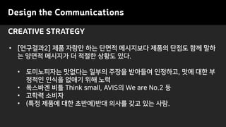 Design the Communications
CREATIVE STRATEGY
? [????2] ?? ??? ?? ??? ????? ??? ??? ?? ??
? ??? ???? ? ??? ??? ??.
? ?????? ???? ??? ??? ???? ????, ?? ?? ?
??? ??? ??? ?? ??
? ???? ?? Think small, AVIS? We are No.2 ?
? ??? ???
? (?? ??? ?? ???)?? ??? ?? ?? ??.
 