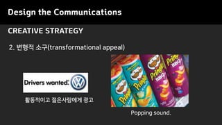 Design the Communications
CREATIVE STRATEGY
2. ??? ??(transformational appeal)
????? ?????? ??
Popping sound.
 