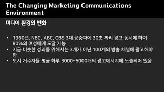 ??? ??? ??
The Changing Marketing Communications
Environment
? 1960?, NBC, ABC, CBS 3? ???? 30? ?? ?? ??? ??
80%? ???? ?? ??
? ?? ??? ??? ???? 3?? ?? 100?? ?? ??? ????
?
? ?? ???? ?? ?? 3000~5000?? ?????? ???? ??
 