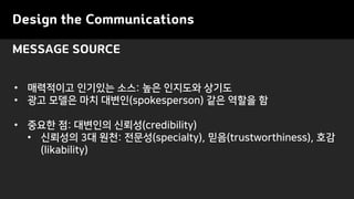 Design the Communications
MESSAGE SOURCE
? ????? ???? ??: ?? ???? ???
? ?? ??? ?? ???(spokesperson) ?? ??? ?
? ??? ?: ???? ???(credibility)
? ???? 3? ??: ???(specialty), ??(trustworthiness), ??
(likability)
 