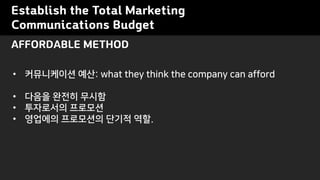 Establish the Total Marketing
Communications Budget
? ?????? ??: what they think the company can afford
? ??? ??? ???
? ????? ????
? ???? ????? ??? ??.
AFFORDABLE METHOD
 