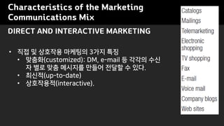 Characteristics of the Marketing
Communications Mix
? ?? ? ???? ???? 3?? ??
? ???(customized): DM, e-mail ? ??? ??
? ?? ?? ???? ??? ??? ? ??.
? ???(up-to-date)
? ?????(interactive).
DIRECT AND INTERACTIVE MARKETING
 