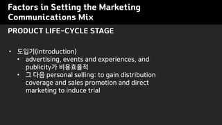 Factors in Setting the Marketing
Communications Mix
PRODUCT LIFE-CYCLE STAGE
• 도입기(introduction)
• advertising, events and experiences, and
publicity가 비용효율적
• 그 다음 personal selling: to gain distribution
coverage and sales promotion and direct
marketing to induce trial
 