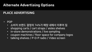 Alternate Advertising Options
• POP
• 소비자 브랜드 결정의 74%가 매장 내에서 이루어 짐
• shopping carts / cart straps / aisles shelves
• in-store demonstrations / live sampling
• coupon machines / floor space for company logos
• talking shelves / P-O-P radio / Video screen
PLACE ADVERTISING
 