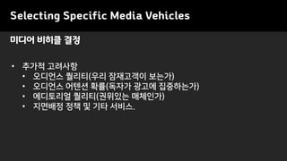 Selecting Specific Media Vehicles
• 추가적 고려사항
• 오디언스 퀄리티(우리 잠재고객이 보는가)
• 오디언스 어텐션 확률(독자가 광고에 집중하는가)
• 에디토리얼 퀄리티(권위있는 매체인가)
• 지면배정 정책 및 기타 서비스.
미디어 비히클 결정
 