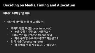 Deciding on Media Timing and Allocation
• 타이밍 패턴을 정할 때 고려할 점
• 구매자 변경 특성(buyer turnover)
• 높을 수록 자주광고? 가끔광고?
• 구매자 빈도(purchase frequency)
• 자주 구매할 수록 자주광고? 가끔광고?
• 망각 비율(forgetting rate)
• 잘 까먹을 수록 자주광고? 가끔광고?
미디어 타이밍 및 배치
 
