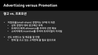 Advertising versus Promotion
• 저점유율(small-share) 경쟁자는 SP에 더 의존
• 상위 경쟁자 대비 광고예산 부족
• 트레이드에게 allowance를 주어야 선반 확보
• 소비자에게 incentive를 주어야 트라이얼이 자극됨
• 선도 브랜드는 딜 제공을 잘 안함
• 현재 잘 쓰고 있는 고객한테 줄 필요 없으므로
광고 vs. 프로모션
 
