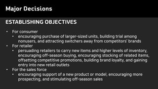 Major Decisions
• For consumer
• encouraging purchase of larger-sized units, building trial among
nonusers, and attracting switchers away from competitors’ brands
• For retailer
• persuading retailers to carry new items and higher levels of inventory,
encouraging off-season buying, encouraging stocking of related items,
offsetting competitive promotions, building brand loyalty, and gaining
entry into new retail outlets
• For the sales force
• encouraging support of a new product or model, encouraging more
prospecting, and stimulating off-season sales
ESTABLISHING OBJECTIVES
 