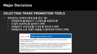 Major Decisions
• 제조업자는 트레이드에게 돈을 준다. 왜?
• 리테일러와 홀세일러가 그 브랜드를 취급하도록
• 더 많이 보유하도록 설득하기 위해
• 리테일러가 프로모트를 더 하도록 유도하기 위해
• 리테일러와 소속 직원이 제품을 더 밀어내게 자극하기 위해.
SELECTING TRADE PROMOTION TOOLS
 