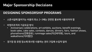 Major Sponsorship Decisions
DESIGNING SPONSORSHIP PROGRAMS
• 스폰서쉽에 들어가는 비용의 최소 2~3배는 관련된 홍보에 사용되어야 함
• 비영리조직의 기금모금 방식
• Anniversary celebrations, art exhibits, auctions, benefit evenings,
book sales, cake sales, contests, dances, dinners, fairs, fashion shows,
phonathons(전화권유), rummage sales(자선바자회), tours, and
walkathons(거리행진)
• 경기장 등 유명 장소에 회사명 사용하는 권리 구입에 수입억 달러
 