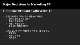 Major Decisions in Marketing PR
CHOOSING MESSAGES AND VEHICLES
• 잘 안 알려진 한 대학이 인지도를 높이고자 함
• 뛰어난 경력을 가진 교수?
• 특별한 프로젝트?
• 새롭고 특별한 강좌?
• 흥미 있는 캠퍼스 행사?
• 그래도 없으면 아이디어를 내기 위해 행사를 만들 수도
• 학술모임
• 저명강사 초빙
• 기자회견
 